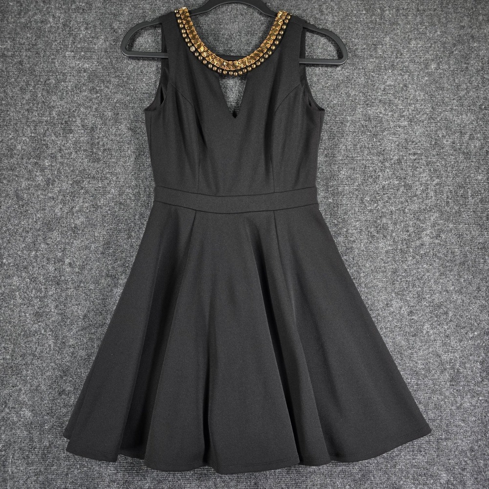 XOXO Black Fit and Flare Beaded Skater Dress Women Small Gold Studded V-Neck